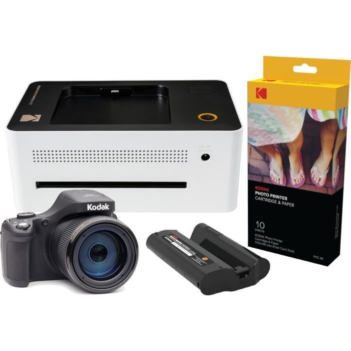 KODAK AZ901 Appareil photo bridge 21 Mégapixels - Noir + Imprimante photo KODAK PD452 + 10 feuilles