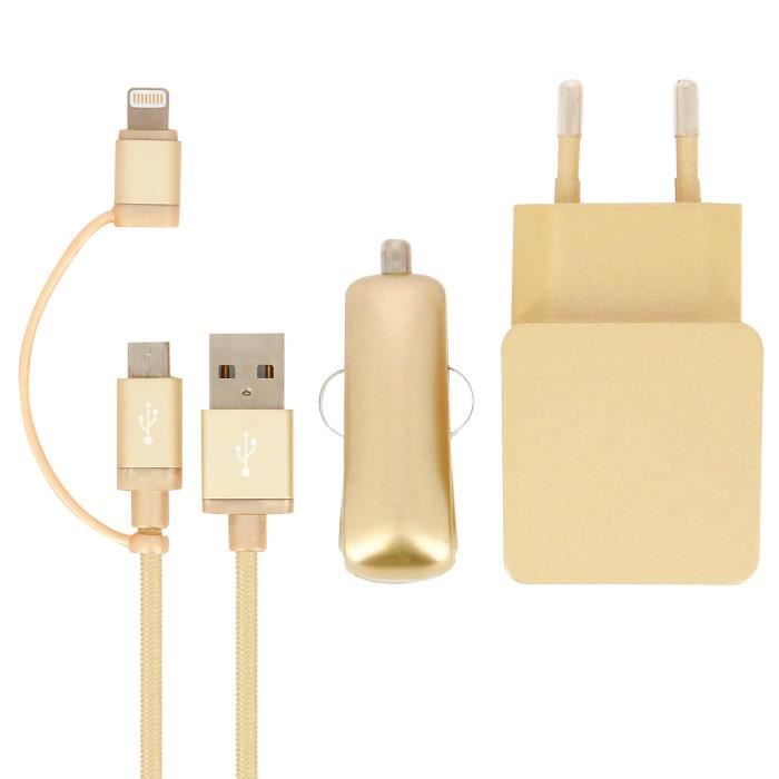 Colorblock Pack Chargeur voiture + Secteur + Câble micro-USB / Lightning - Or