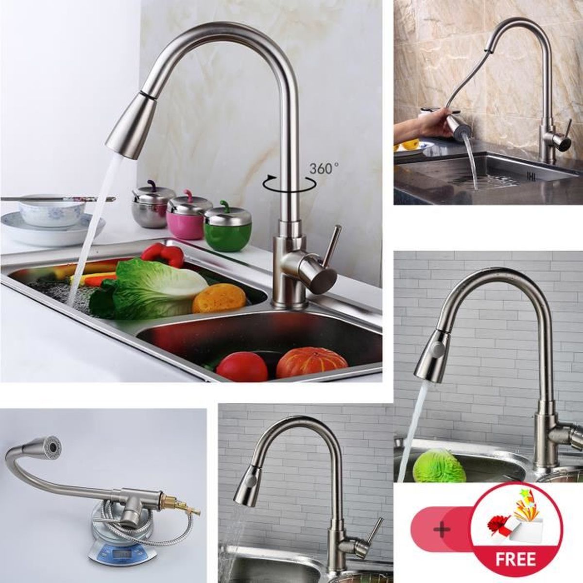 Douchette robinet cuisine design 2 jets avec set 3 couleurs