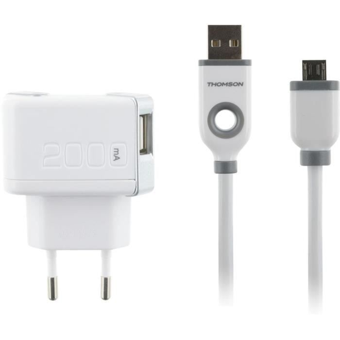 THOMSON Chargeur secteur 2A - 2 Sorties USB - Avec câble USB / micro USB - Blanc