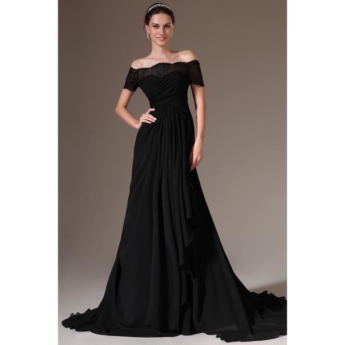 Robe de soirée longue traîne moyenne hors de l\u2019épaule manches courtes plissé dentelle mousseline de soie de mère d\u2026
