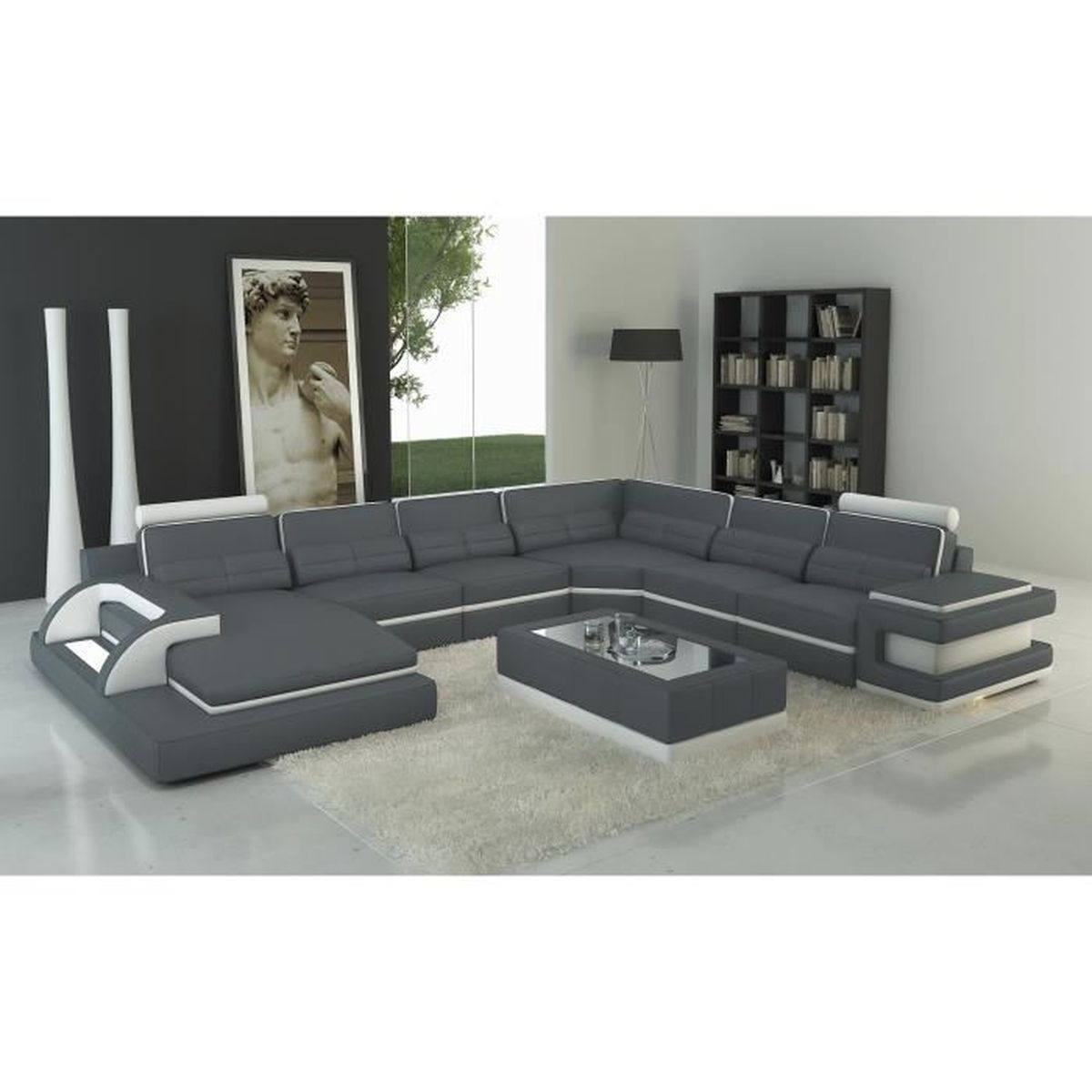 Canapé panoramique cuir gris et blanc design avec lumi¨re IBIZA
