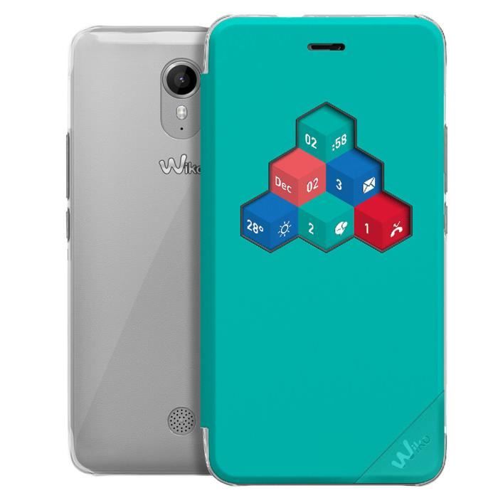Etui Wiko Tommy 2 Housse Clapet Fenêtre Interactive Wicube Original Turquoise