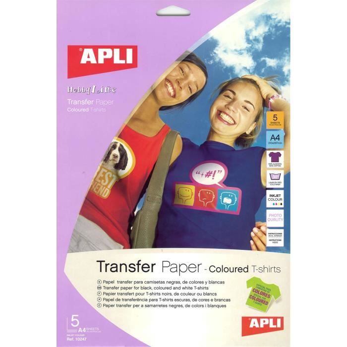 APLI agipa 10247 : Papier Transfert T-Shirt couleur 100% coton - Poch 5 feuilles A4