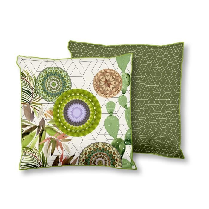 HIP Coussin déco imprimé Bodhini - 48x48 cm - Blanc et vert kaki
