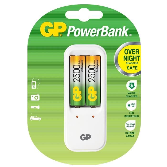 CHARGEUR GP PowerBank PB410 - Chargeur Ultra Compact - Charge 1 ou 2 AA/AAA - livré avec 2 accus AA 2500 MaH