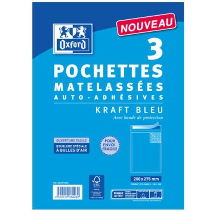 OXFORD Paquet de 3 pochettes matelassées auto-adhésives - 28 cm x 20 cm x 1 cm - Bleu
