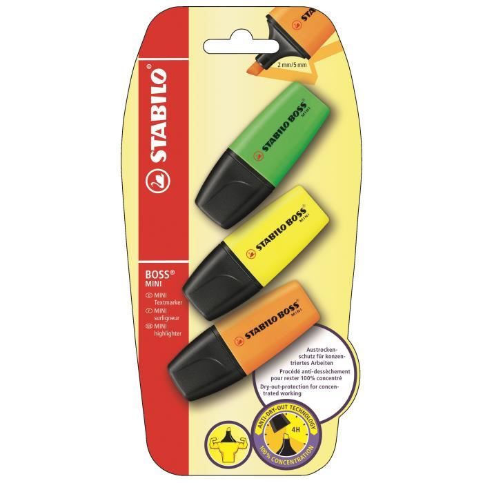 STABILO BOSS MINI - lot de 3 surligneurs - jaune + vert + orange