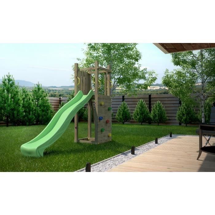 BALANCOIRE / PORTIQUE en bois Aire de Jeux / Tour en bois Zébulon pour Enfants (toboggan, escalade...)