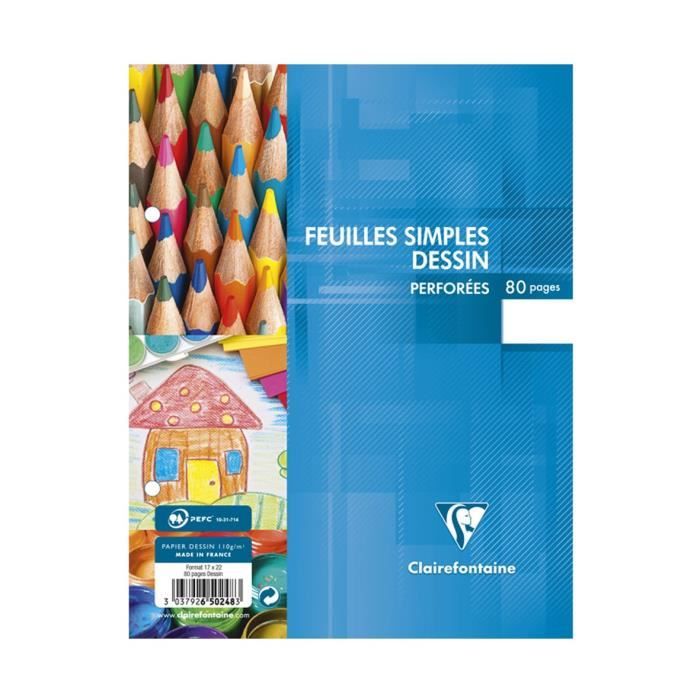 CLAIREFONTAINE - Feuilles simples dessin - Perforées - 17 x 22 - 80 pages - Papier P.E.F.C Uni - 110 G