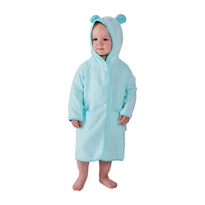 TINEO Peignoir de bain 100% coton avec capuche oreilles - Bleu Aqua