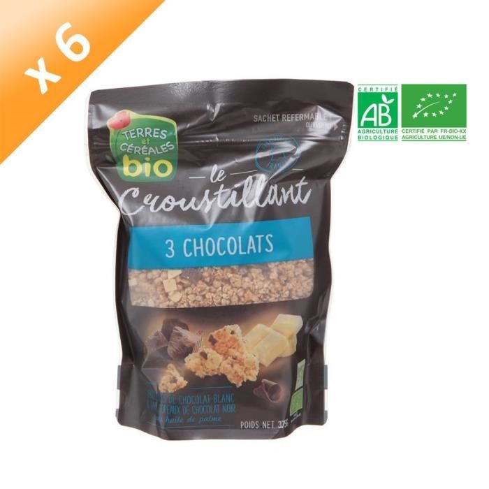 TERRES ET CÉRÉALES Muesli Croustillant aux 3 Chocolats Bio - 375 g x6