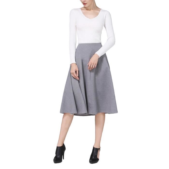 évasé en taille A laine Femmes de laine haute longue étirer jupe robe pure ligne clair MidiGris kZXPuOi