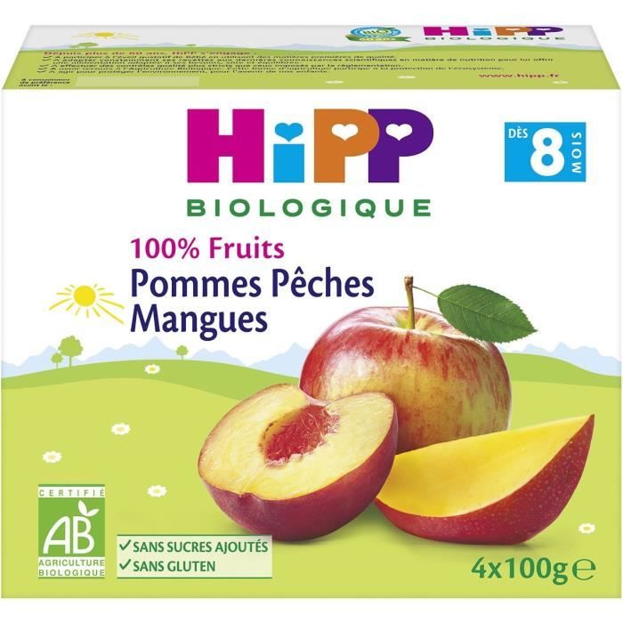 Hipp Bio 100% Fruits Coupelle Pommes Peches Mangues +8m Lot de 4 x 100g