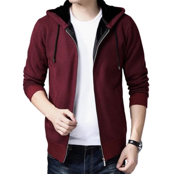 à Gilet Hiver Chaud Zippe Unie en Maille Ouatiné Couleur Capuche Homme Doublé Cardigan rCoedBx