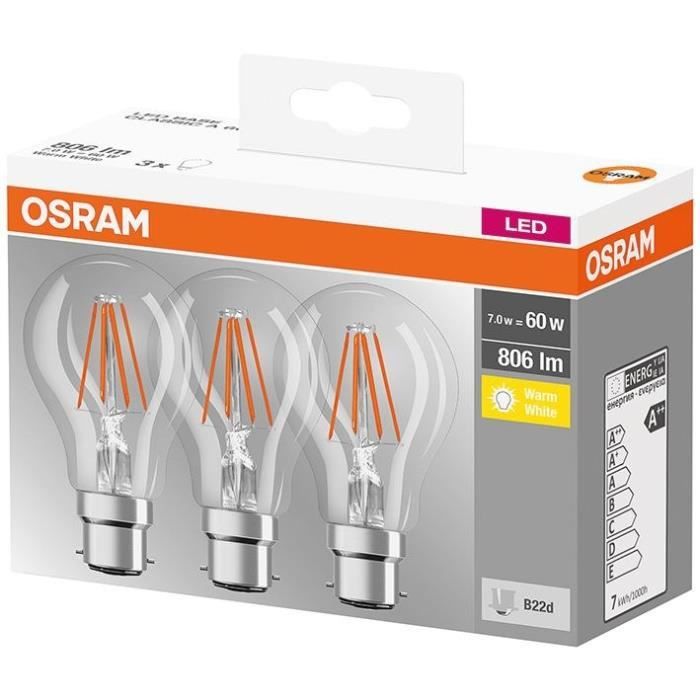 OSRAM Lot de 3 Ampoules LED B22 standard claire 7 W equivalent a 60 W blanc chaud