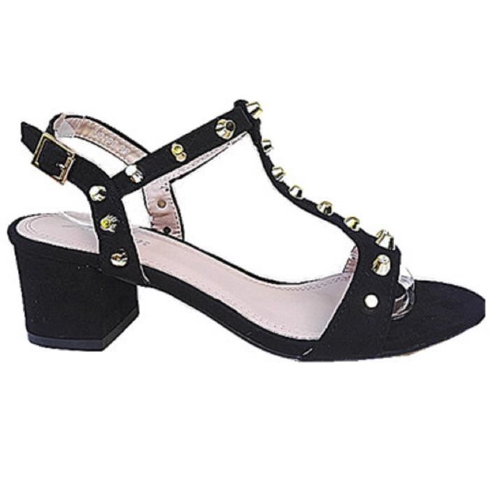Talon Chaussure Femme Cloutée Ouvert D2137 Noir Bloc Sexy Bout Lanière Fashionfolie888 Mode Sandale MpLSVUGqz