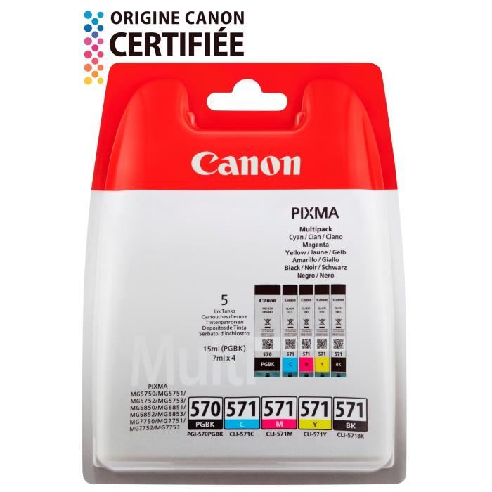 CANON Pack 5 Cartouches couleurs CLI-571 BK/C/M/Y + PGI-570 PGBK - 4 couleurs + noir pigmenté