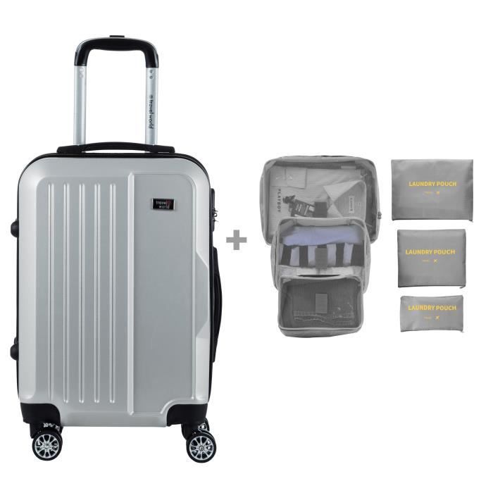 TRAVEL WORLD - Lot de 1 Valise Cabine Rigide 8 Roues 50cm + 6 Organisateurs de Valise - Argent