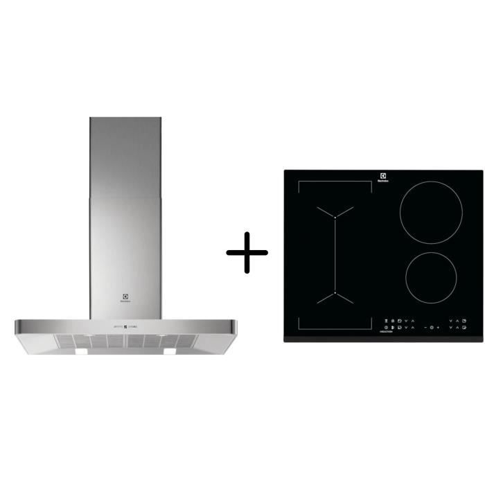 ELECTROLUX EFB90463OX - Hotte décorative murale - Hotte pilotée par la table - A - Inox + LIV6343 - Table de cuisson - Noir