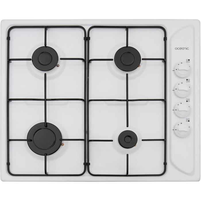 OCEANIC OCEACTG4EW Table de cuisson gaz - 4 foyers - 7,05kW - L58xP50cm- Revêtement email - Blanc