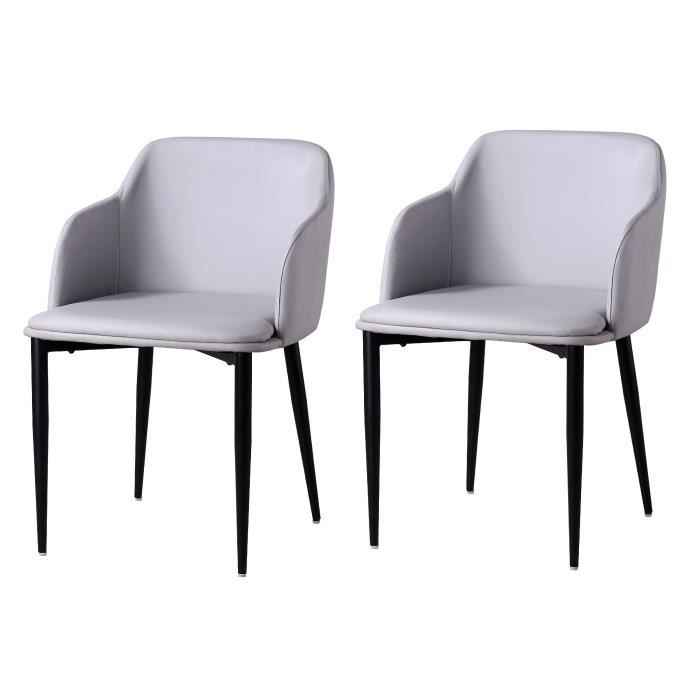 CINDY Lot de 2 fauteuils de salle a manger pieds metal noir Simili gris Contemporain L 52 x P 56 cm