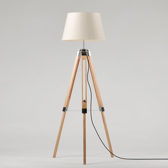 NATURE Lampadaire trépied en bois laqué naturel - Ø65 x H.144 cm - Abat-jour écru - E27 40W