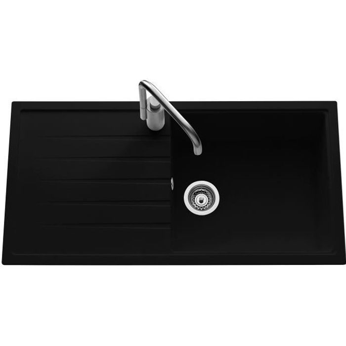EWI Evier cuisine a encastrer 1 grand bac + 1 egouttoir Topaze - Granit - 100 x 50 cm - Noir