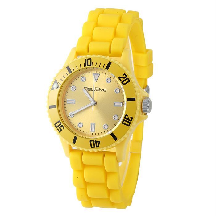 Montre en silicone sur bracelet de coloris jaune. Cadran jaune doté d