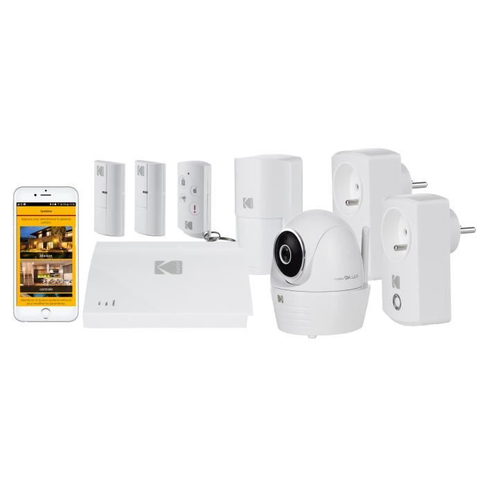 KODAK Pack Alarme maison sans fil livree avec caméra de surveillance motorisée Full HD Security +1080P, 4 accessoires et 2 prises co