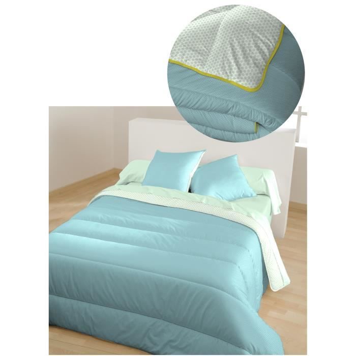 BLEU CALIN Couette faux uni JANA Aqua / ADRIAL Céladon - Biais contrasté - 140x200cm