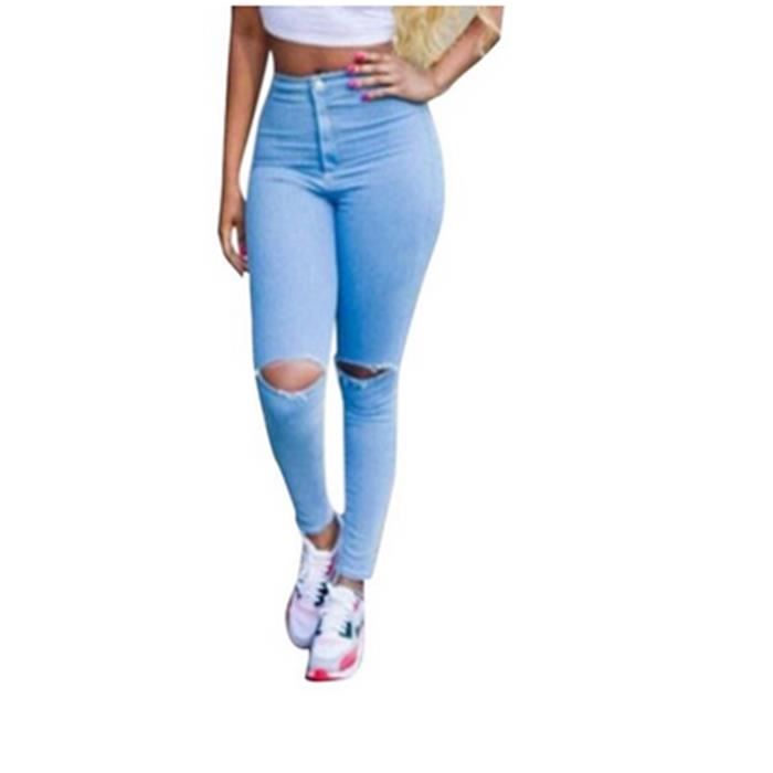 Femmes Pantalons Troué Denim Taille Haute Élastique Jeans ...