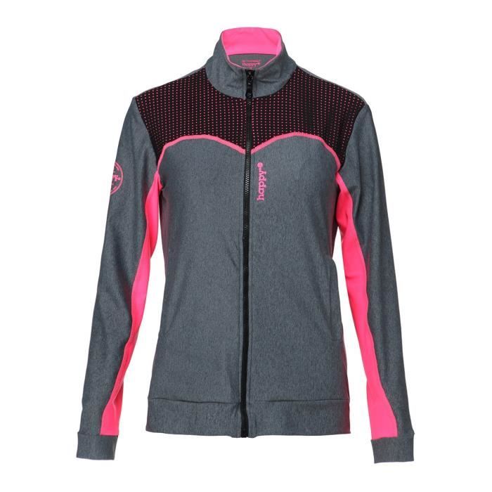 HAPPY AND SO Veste Multisport Tech - Femme - Gris chiné et Rose fluo
