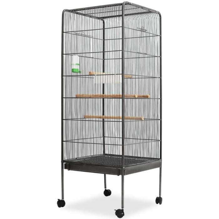 Cage à Oiseaux Acier Grande Cage Pour Oiseaux De Compagnie Avec 4 Perchoirs En Bois Noir 54 X 54 X 146 Cm