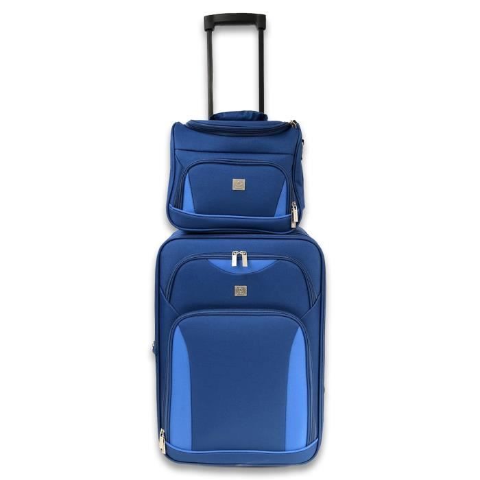 KINSTON Set de Valise cabine et Vanity assorti Milos - Avec poignée Trolley - Bleu