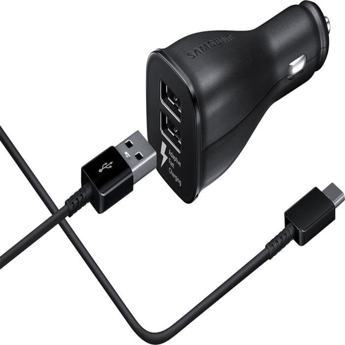 Samsung EP-LN920CBEGWW Chargeur allume-cigare rapide double de Voiture Noir 2USB 2A Fast charge aveccâble USB Type C Pour Telephone