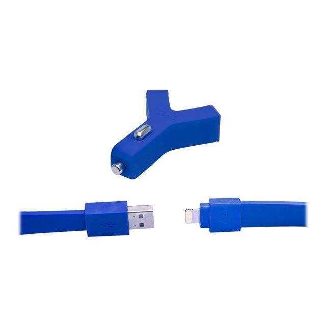 TYLT Chargeur de voiture double prise USB 2.1A + câble plat connexion USB et sortie - pour appareils Apple - 60cm - Bleu