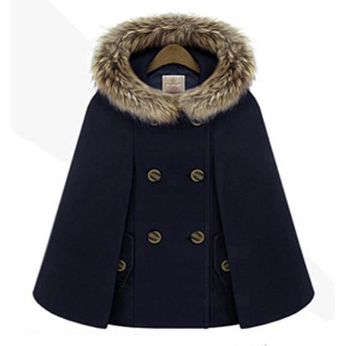 Bleu marin Manteau Femme Court Laine avec Capuche Fourrure ...