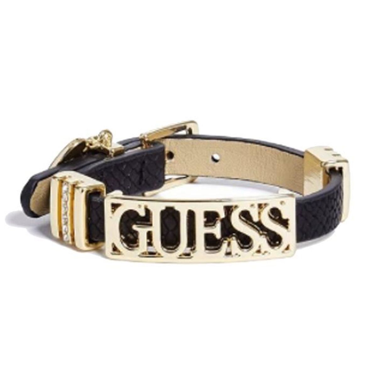 BRACELET , GOURMETTE Bracelet Guess Femme Simili Cuir Noir Logo Doré BJ