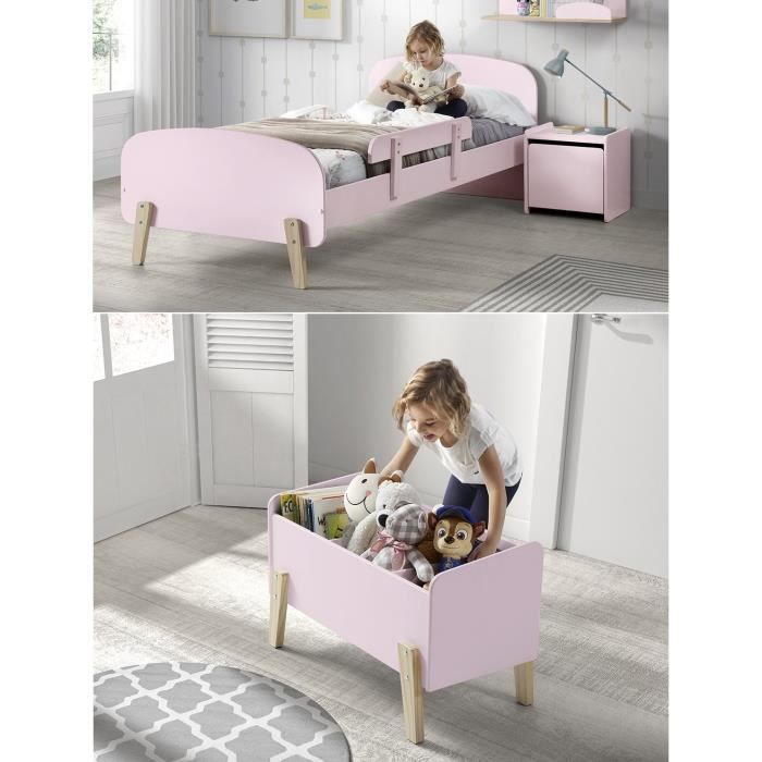 KIDDY Chambre enfant complète style scandinave en bois pin massif et MDF laqué vieux rose - l 90 x L 200 cm