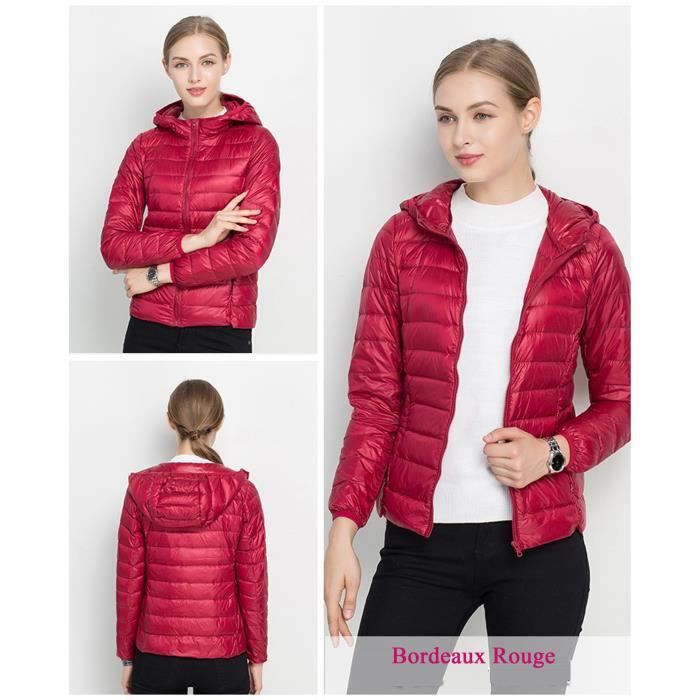 Bordeaux Rouge Doudoune femme courte à capuche fine légère ...