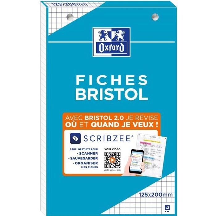 OXFORD Bloc fiche bristol 2.0 perforé - 12,5 x 20 cm - 30 fiches - 210g - 5x5