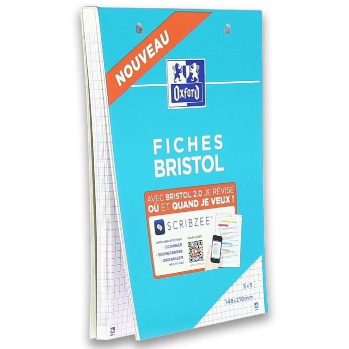 OXFORD Bloc fiche bristol 2.0 perforé - 14,8 x 21 cm - 30 fiches - 210g - 5x5