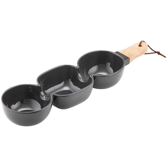 LADELLE Bol à apéritif à 3 compartiments - Noir - Porcelaine et bambou - 40 x 9,8 x 5,2 cm