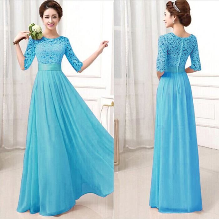 Dentelle Femme Maxi Robe de Soir e 1 2 Manches Bleu 