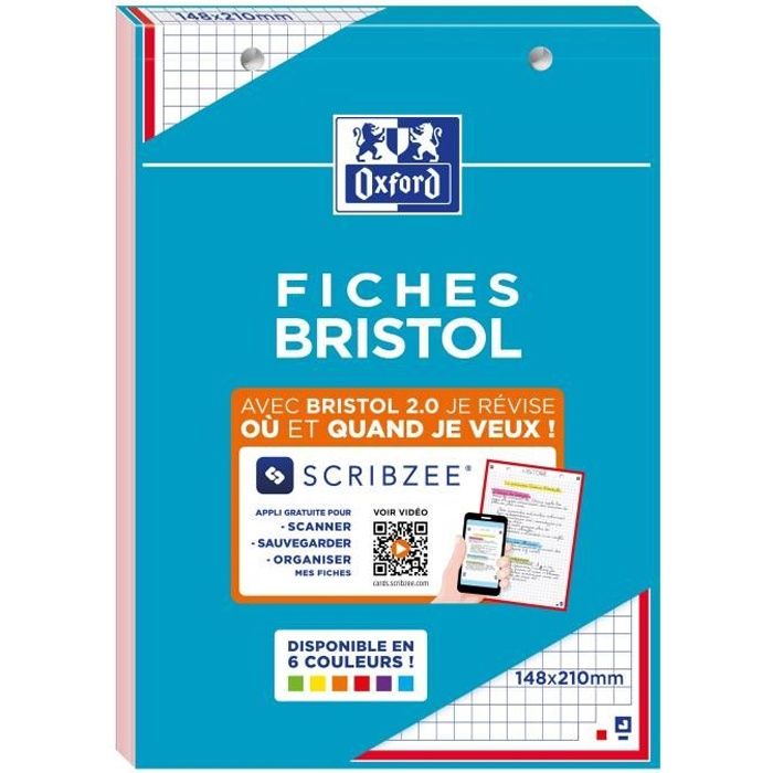 OXFORD Bloc fiche bristol 2.0 perforé - 14,8 x 21 cm - 30 fiches - 210g - 5x5 - Rouge