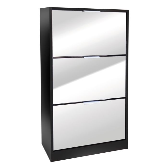 Meuble Range Chaussures Noir avec Miroir à 3 compartiments ranger jusqu