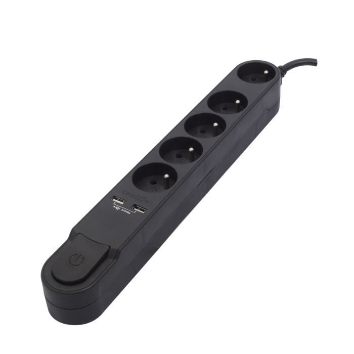 CHACON Bloc multiprise 5 prises 16 A avec interrupteur, 2 ports USB et câble 1,5 m HO5VV-F 3x1,5 mm² noir