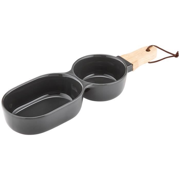 LADELLE Bol à apéritif à 2 compartiments - Noir - Porcelaine et bambou - 34,5 x 9,5 x 4,8 cm