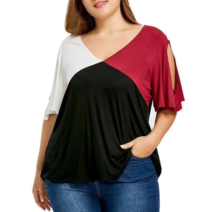 Tops Épaule T Size Splice Noir Chemisier Manches Froide Femme Sexy Plus À Courtes Shirt xq6IPW